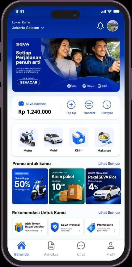 Aplikasi SEVA Ride Hailing - Beranda Utama